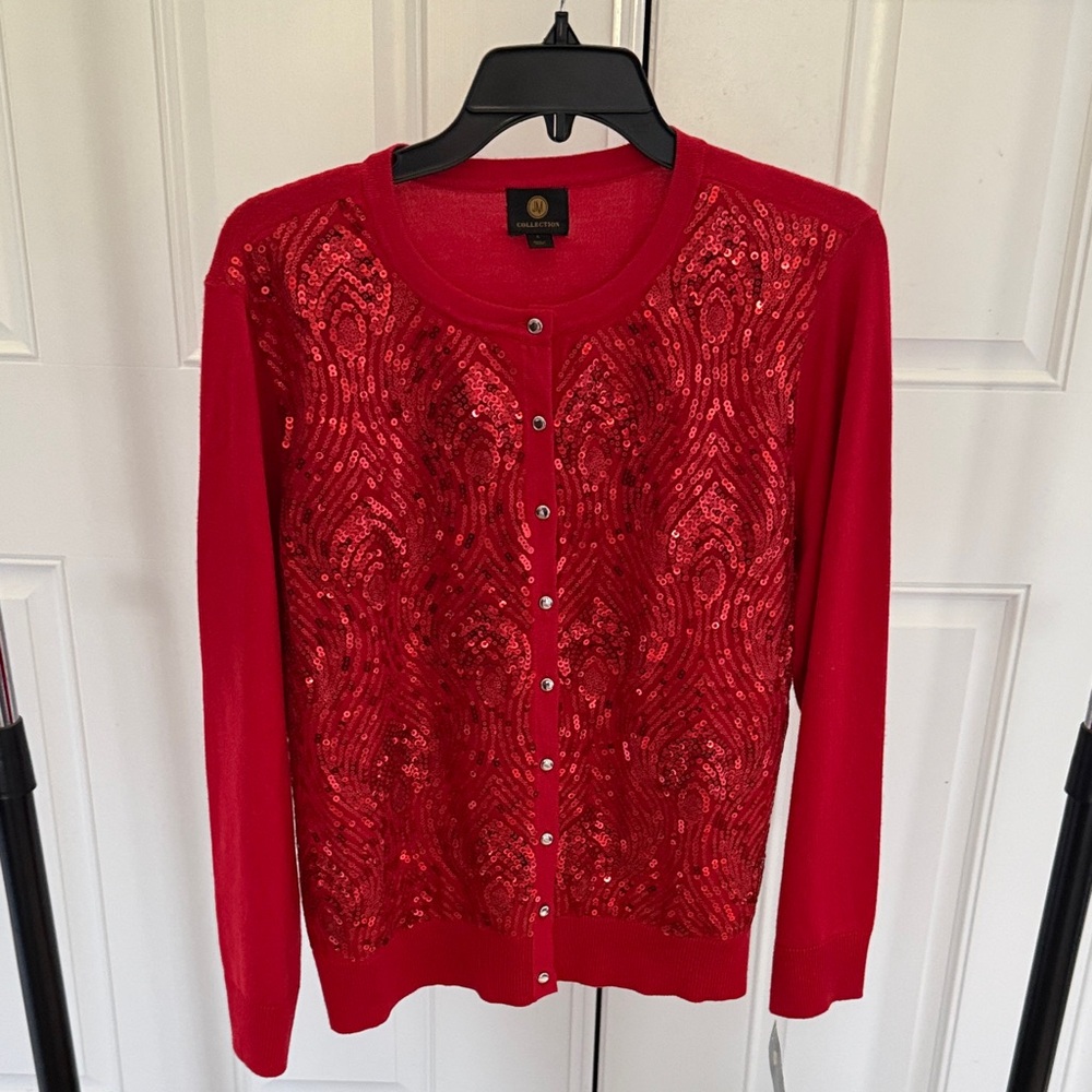 JM Collections Sequin Front Red Cardigan Sweater